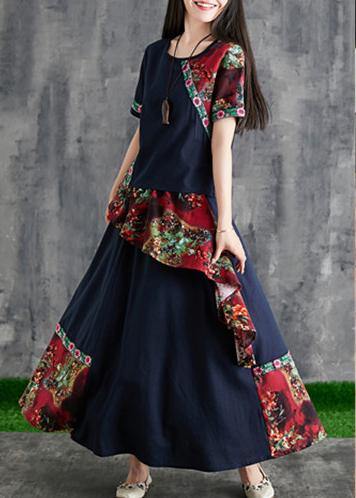 Chinese Style Summer Black Print Cotton Linen Stitching Small Fresh and Temperament Summer Two-piece
