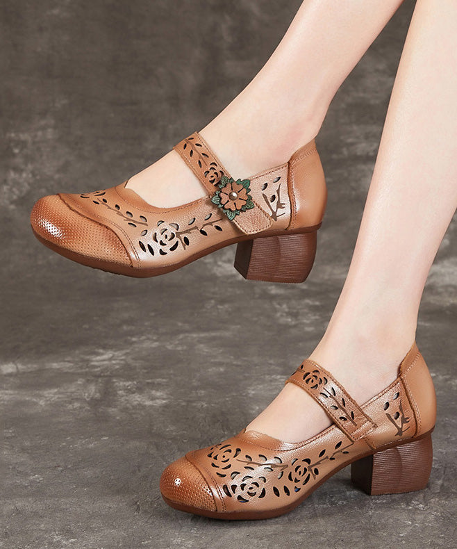 Chocolate Chunky Heel Cowhide Leather Hollow Out Splicing Buckle Strap