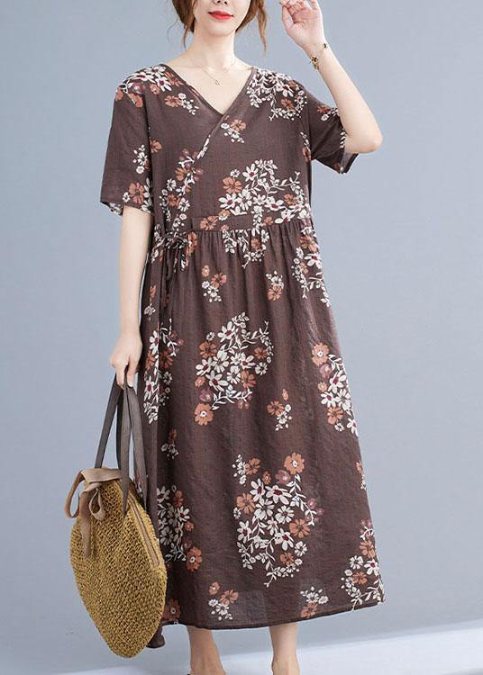 Chocolate Retro Print Summer Vacation Dresses Short Sleeve