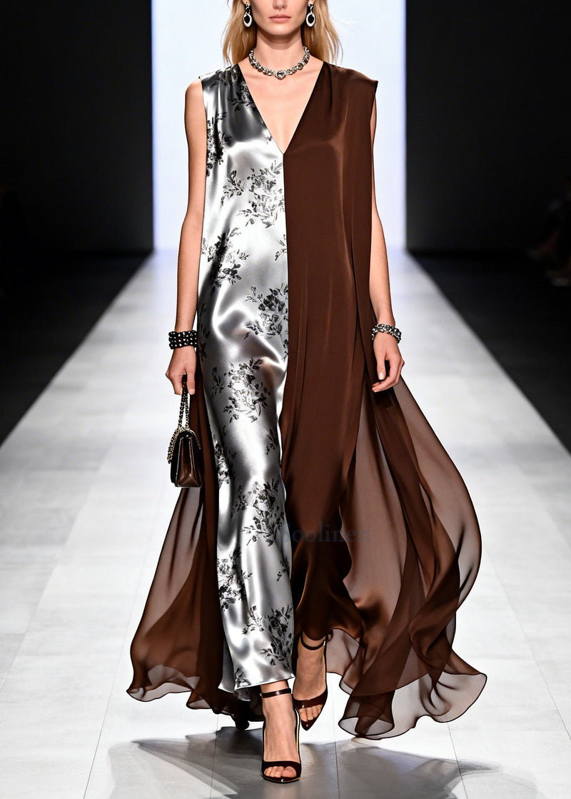 Chocolate Patchwork Chiffon Long Dress Asymmetrical Design Summer