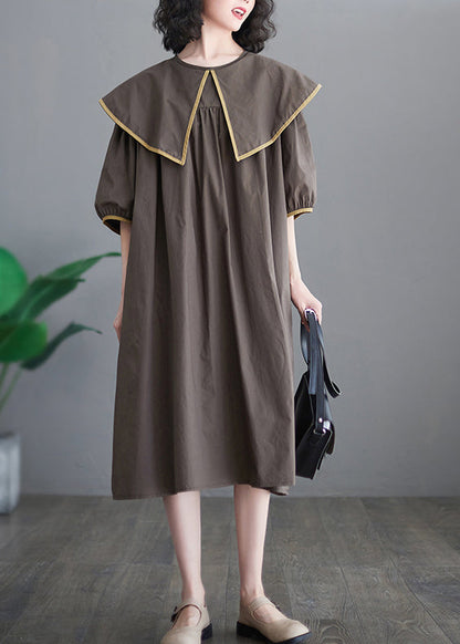 Chocolate Patchwork Cotton Long Dress Oversized O-neck Half Sleeve