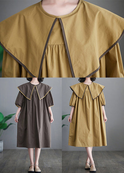 Chocolate Patchwork Cotton Long Dress Oversized O-neck Half Sleeve