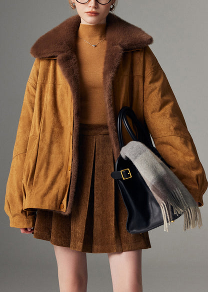 Chocolate Pockets Detachable Leather and Fur Winter Coats Peter Pan Collar