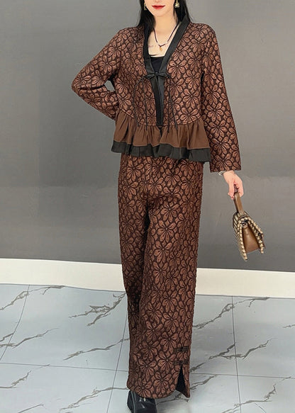 Chocolate Ruffled Patchwork Print Shirts and Wide Leg Pants Two Pieces Set Spring