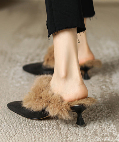 Chocolate Sheepskin Slippers Shoes Splicing Fuzzy Wool Lined