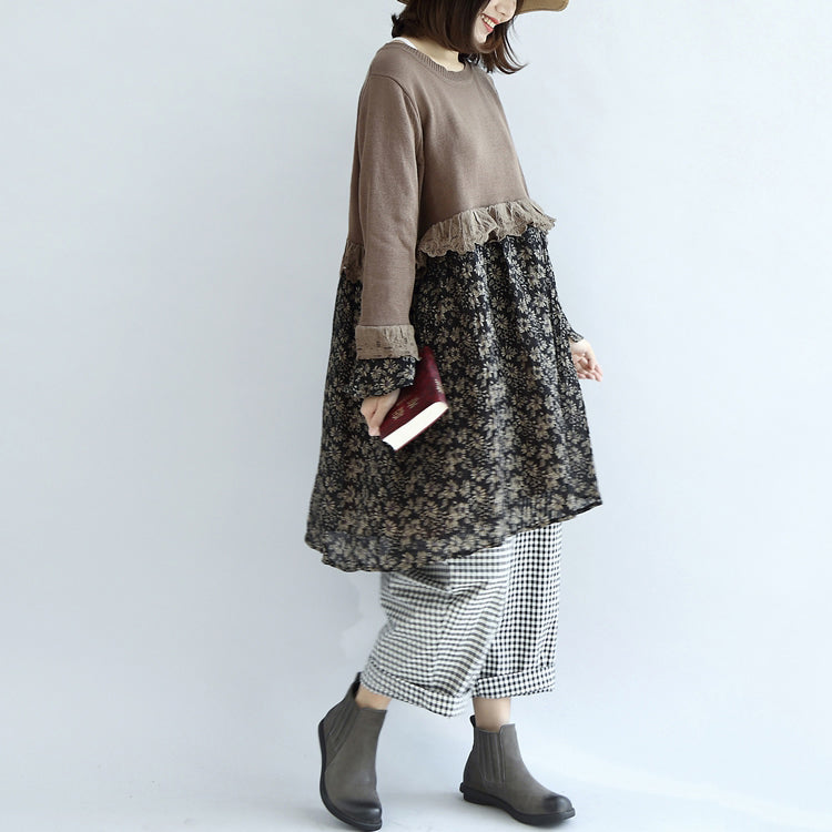 Chocolate Patchwork Sweater Dresses Knit Pullover Shift Dress