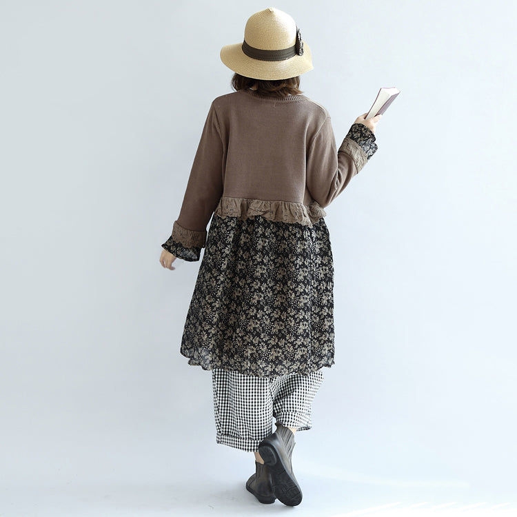 Chocolate Patchwork Sweater Dresses Knit Pullover Shift Dress