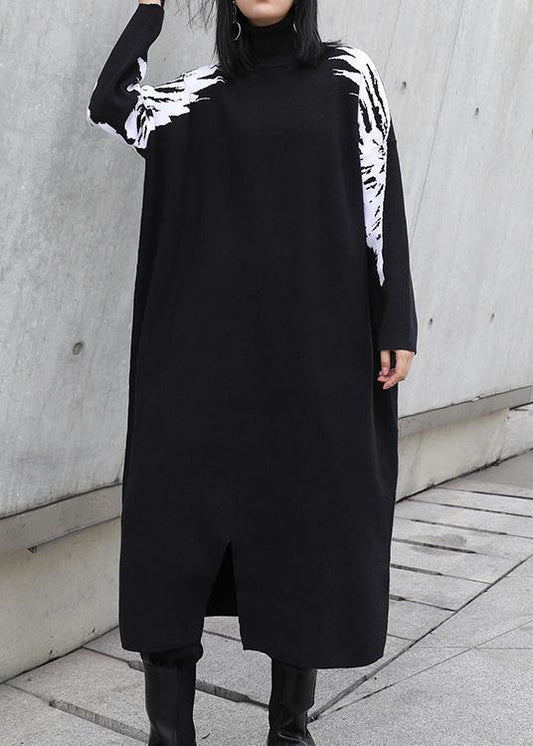 Christmas Black Weaving Flowers Sweater High Neck Daily Knit Dress