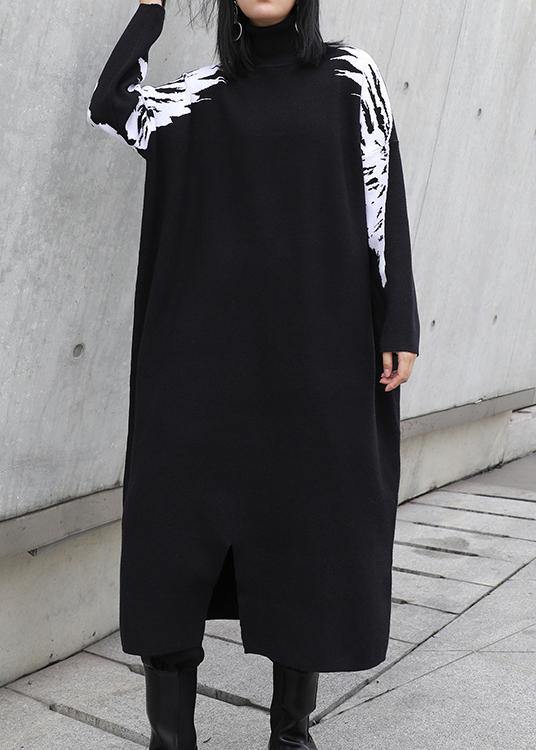 Christmas Black Weaving Flowers Sweater High Neck Daily Knit Dress