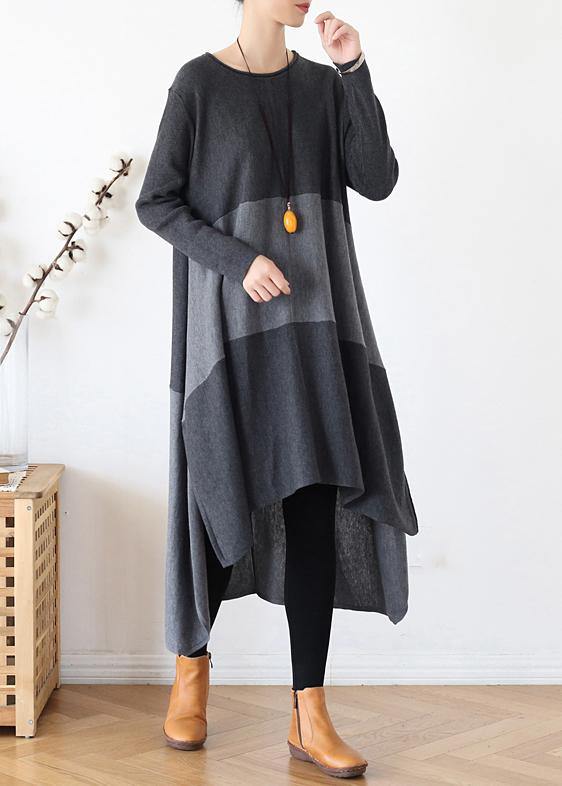 Christmas Gray Sweater Outfits Street Style O Neck Patchwork Largo Fall Knit Dresses