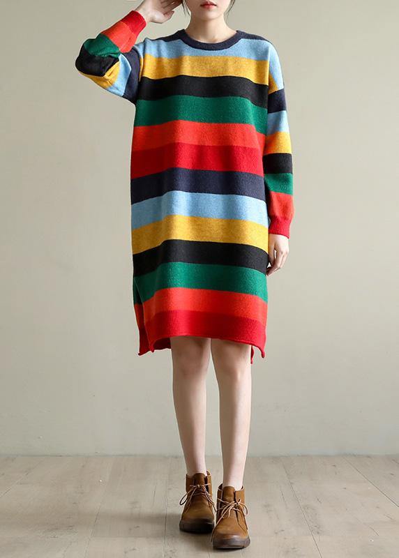 Christmas Rainbow Striped Sweater Knit Top Pattern Moda Side Open Oversized Spring Knitted Tops