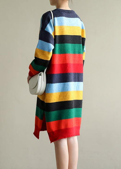 Christmas Rainbow Striped Sweater Knit Top Pattern Moda Side Open Oversized Spring Knitted Tops
