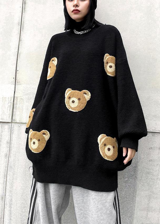 Chunky Black Bear Design Knit Tops O Neck Silhouette Knit Top