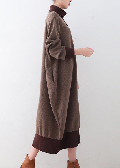Chunky Brown Sweater Dresses Loose Fitting Pullover Boutique High Neck Winter Dress Patchwork