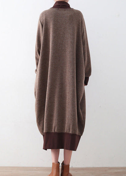 Chunky Brown Sweater Dresses Loose Fitting Pullover Boutique High Neck Winter Dress Patchwork