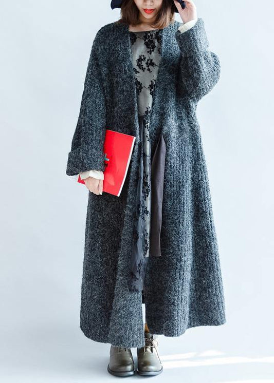 Chunky Dark Gray Knitted Outwear Clothing Tie Waist Knit Outwear