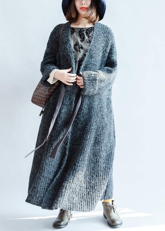 Chunky Dark Gray Knitted Outwear Clothing Tie Waist Knit Outwear