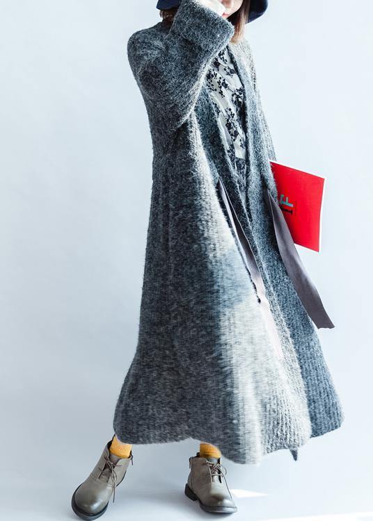 Chunky Dark Gray Knitted Outwear Clothing Tie Waist Knit Outwear