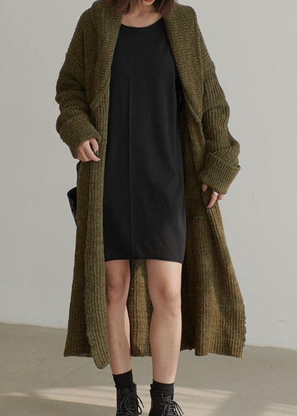 Chunky Fall Knit Sweat Tops Army Green V Neck Pockets Cardigan