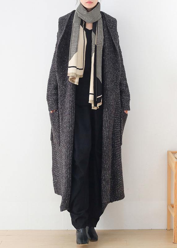 Chunky Gray Knitted Cardigans Clothing Hooded Pockets Knit Outwear