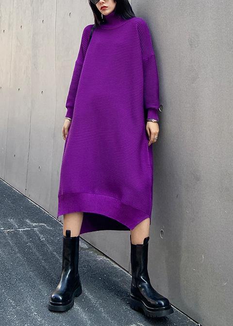 Chunky High Neck Low High Design Sweater Fall Weather Upcycle Purple Oversized Knitted Dress