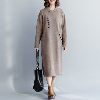 Chunky Khaki Sweater Wardrobes Street Style Big O Neck Pockets Knit Dress