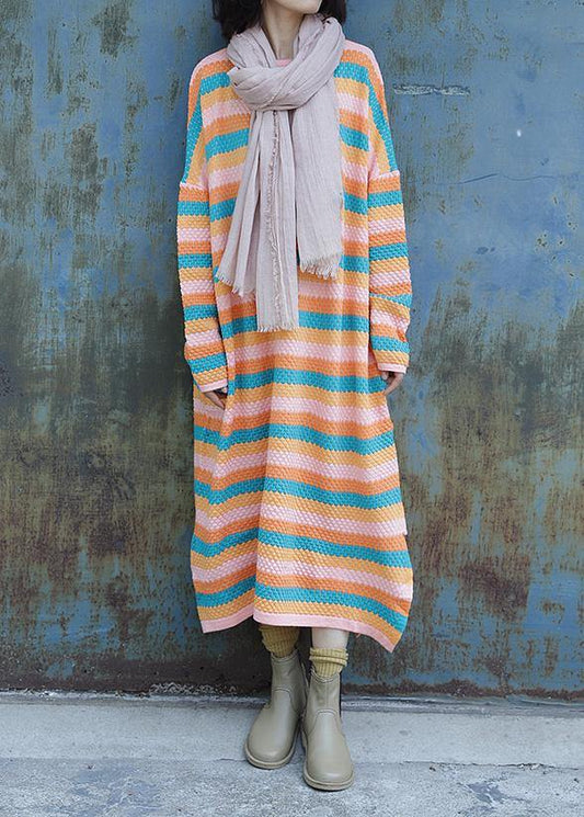 Chunky O Neck Sweater Side Open Dress Outfit Striped Baggy Knitted Tops