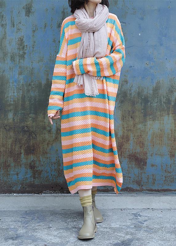 Chunky O Neck Sweater Side Open Dress Outfit Striped Baggy Knitted Tops