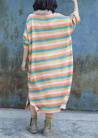 Chunky O Neck Sweater Side Open Dress Outfit Striped Baggy Knitted Tops