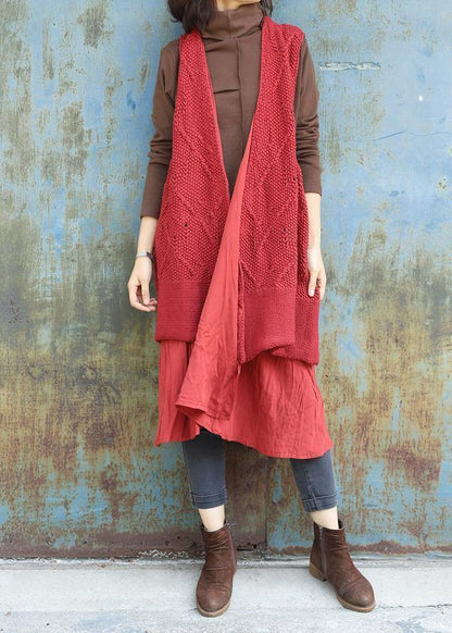 Chunky Red Knitted Cardigans Oversized Sleeveless Hollow Out Knit Outwear