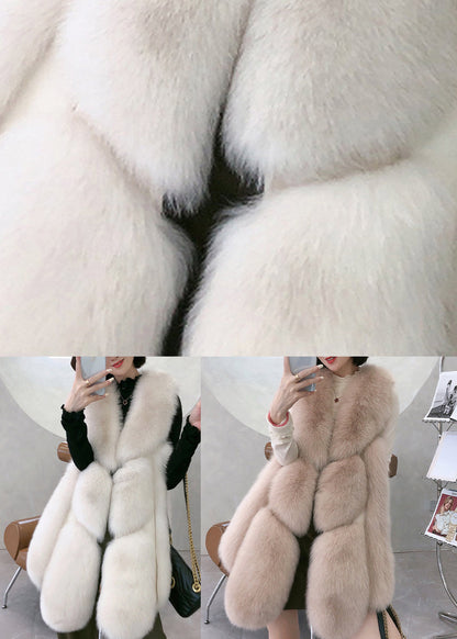 Classy Apricot Faux Fox Collar Mid Leather Waistcoat Winter