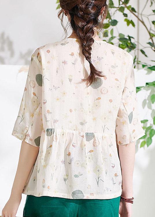 Classy Apricot Print Button Summer Ramie Half Sleeve