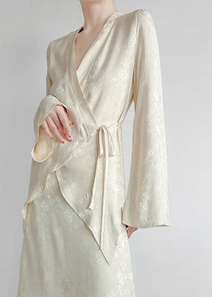 Classy Apricot V Neck Print Tie Waist Shirts Long Sleeve