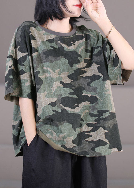 Classy Army Green O-neck Oversized Camouflage Print Cotton Tank Tops Short Sleeve
