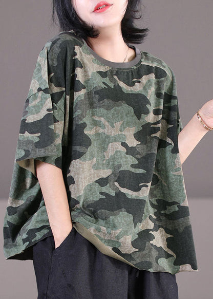 Classy Army Green O-neck Oversized Camouflage Print Cotton Tank Tops Short Sleeve