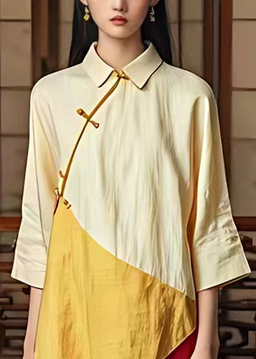 Classy Beige Button Patchwork Cotton Dress Bracelet Sleeve