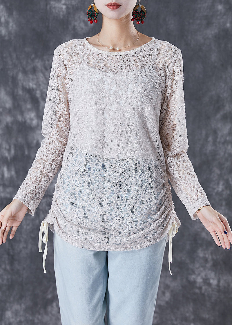 Classy Beige Cinched Hollow Out Back Button Down Lace Blouses Fall