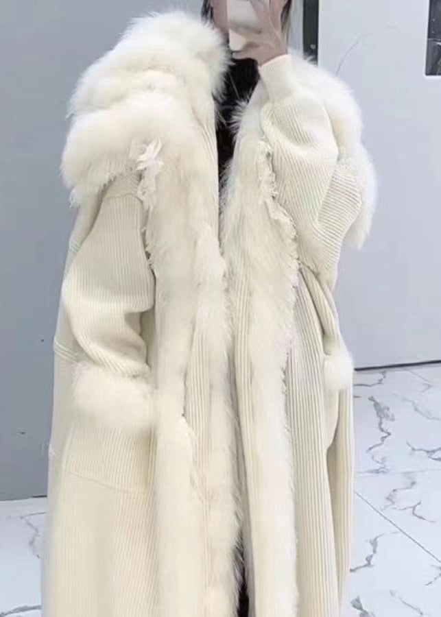 Classy Beige Fox Collar Patchwork Knit Cardigan Winter