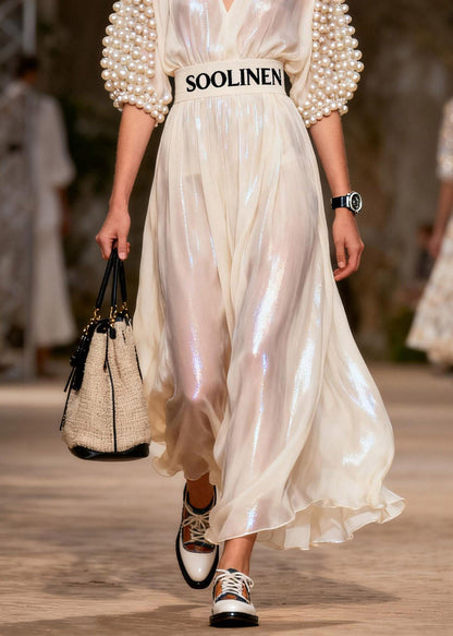 Classy Beige Nail Bead V Neck Silk Long Dress Short Sleeve
