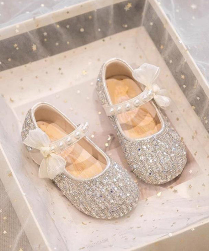 Classy Beige Pearl Bow Buckle Strap Flat Shoes for