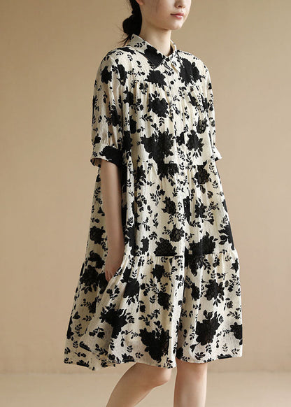 Classy Beige Peter Pan Collar Wrinkled Black Party Dress Short Sleeve