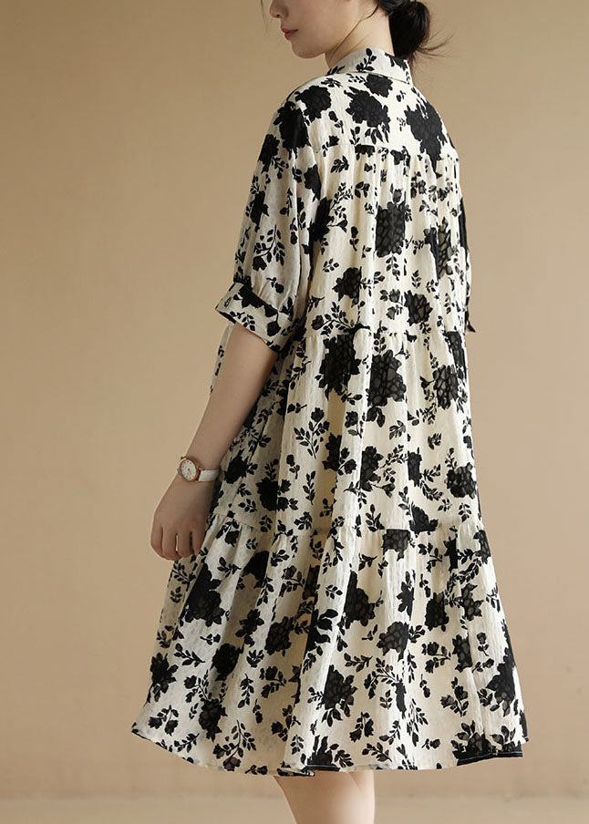 Classy Beige Peter Pan Collar Wrinkled Black Party Dress Short Sleeve