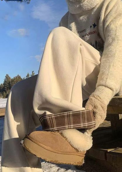 Classy Beige Plaid Elastic Waist Warm Fleece Pants Winter
