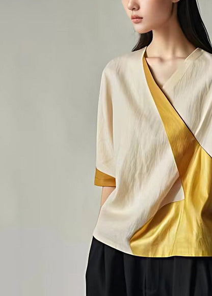 Classy Beige V Neck Patchwork Cotton Tops Half Sleeve