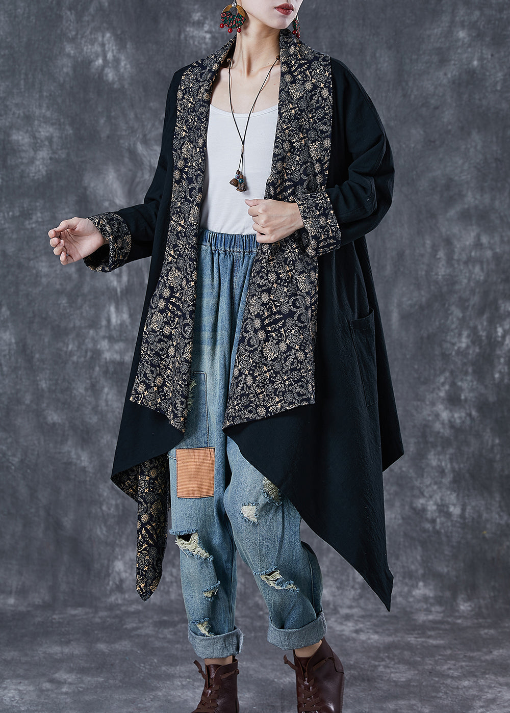 Classy Black Asymmetrical Wear on Both Sides Cotton Trench Fall