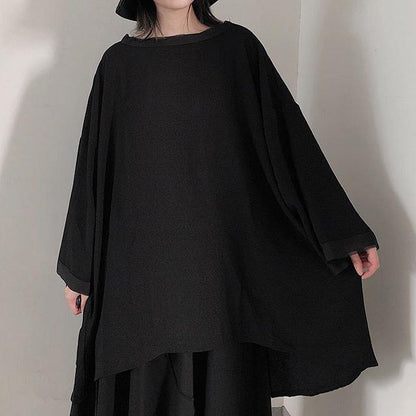 Classy Black Blouses For Women O Neck Asymmetric Art Spring Shirt
