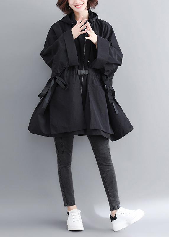 Classy Black Fine Outfit Outfits Hooded Tie Waist Spring Outwears