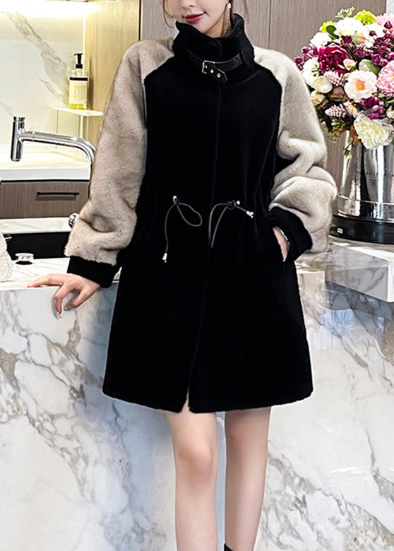 Classy Black Grey Peter Pan Collar Faux Fur Patchwork Drawstring Button Mink Velvet Leather and Fur Coats Winter