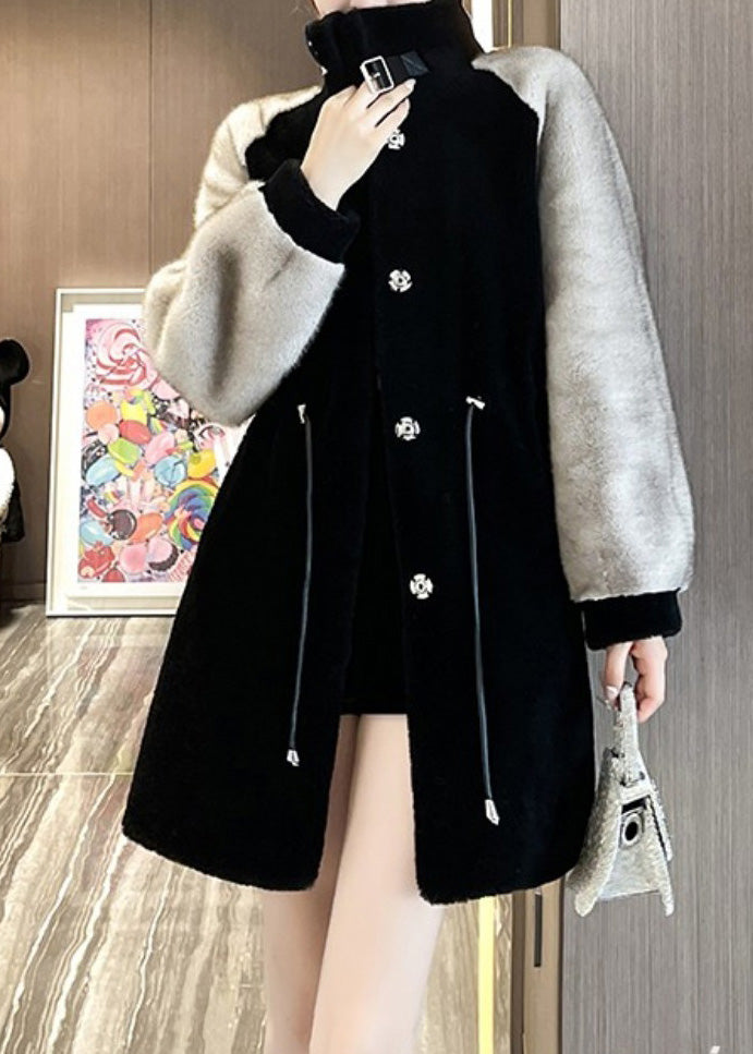 Classy Black Grey Peter Pan Collar Faux Fur Patchwork Drawstring Button Mink Velvet Leather and Fur Coats Winter
