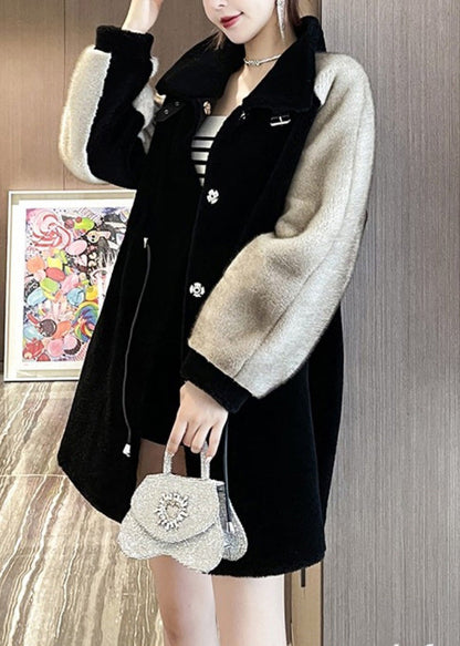 Classy Black Grey Peter Pan Collar Faux Fur Patchwork Drawstring Button Mink Velvet Leather and Fur Coats Winter